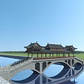 Traditional Chinese Bridge With Pavilions Spanning Water And Reflection Under Blue Sky