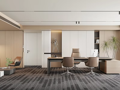 Modern Office Interior Design With Wooden Desk Ergonomic Chairs Cabinets And Green Plants 3d model