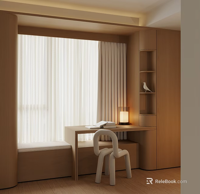 Modern Wooden Bay Window Cabinet With Desk Chair Curtains And Table Lamp 3d model 