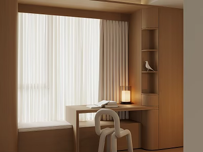 Modern Wooden Bay Window Cabinet With Desk Chair Curtains And Table Lamp 3d model
