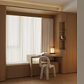 Modern Wooden Bay Window Cabinet With Desk Chair Curtains And Table Lamp