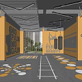 Workout Gym With No Pain No Gain Slogan Yellow Gray Walls Hanging Rings Floor Lines