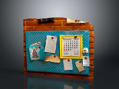 Brick Wall Mounted Blue Bulletin Board With Calendar Papers And Push Pins 3d model