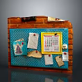 Brick Wall Mounted Blue Bulletin Board With Calendar Papers And Push Pins