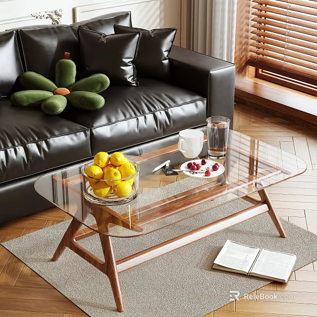 Glass Coffee Table With Wooden Legs Featuring Yellow Fruits Red Berries And Glass Cups 3d model 