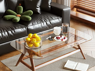 Glass Coffee Table With Wooden Legs Featuring Yellow Fruits Red Berries And Glass Cups 3d model