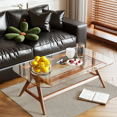 Glass Coffee Table With Wooden Legs Featuring Yellow Fruits Red Berries And Glass Cups 3d model