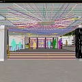 Shopping Mall Lobby With Blue Fan Shaped Ceiling Decoration Purple Circular Logo And People Walking