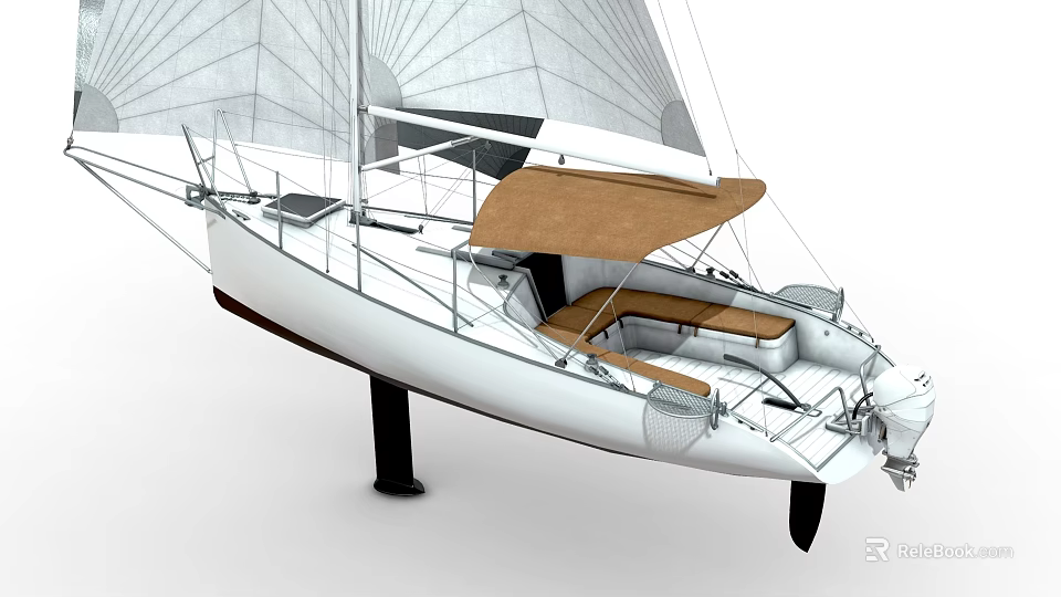 Sleek White Sailboat Featuring Open Deck Brown Canopy And Wooden Seats 3d model 