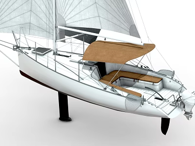 Sleek White Sailboat Featuring Open Deck Brown Canopy And Wooden Seats 3d model