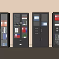 Four Gray Office File Cabinets With Organized Folders Books And Decorative Items