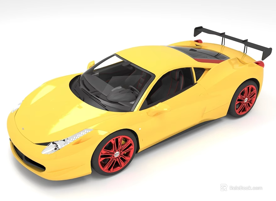 Yellow Sports Car With Red Wheels And Rear Wing 3d model 