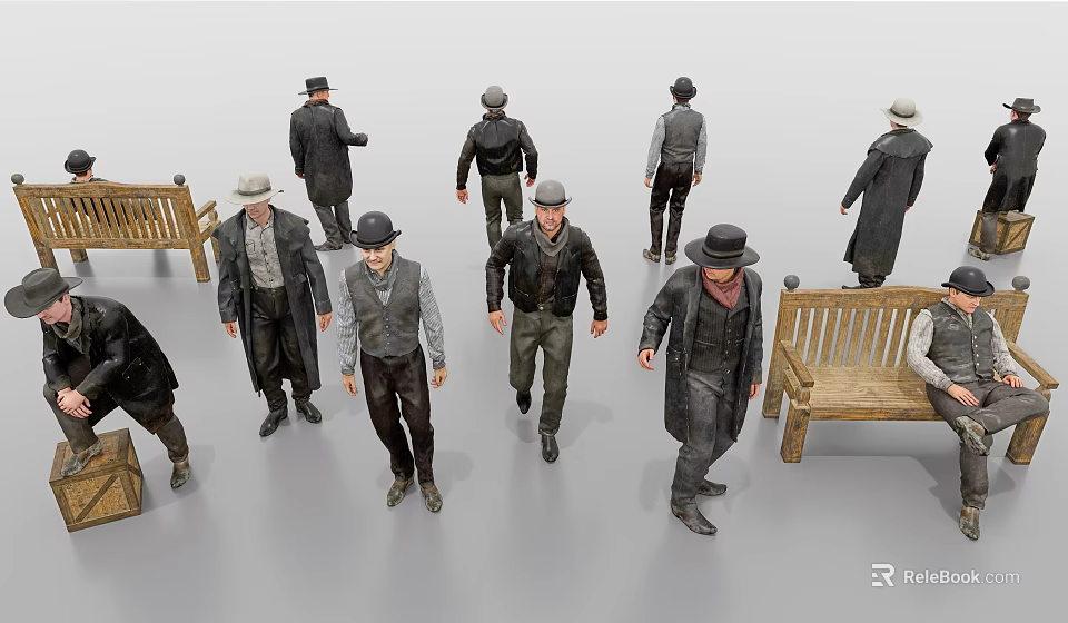 Group Of People In Vintage Attire Near Wooden Benches 3d model 