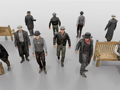 Group Of People In Vintage Attire Near Wooden Benches 3d model