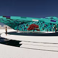 Vibrant Teal And Purple Geometric Feature Wall With Red Maple Tree And Water Pool