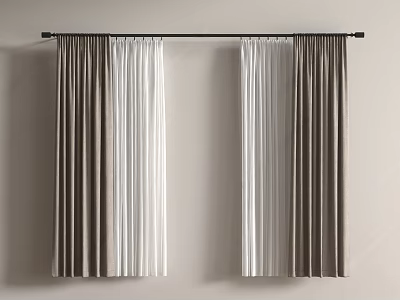 Modern Double Layer Brown And White Velvet Curtains With Black Curtain Rod 3d model