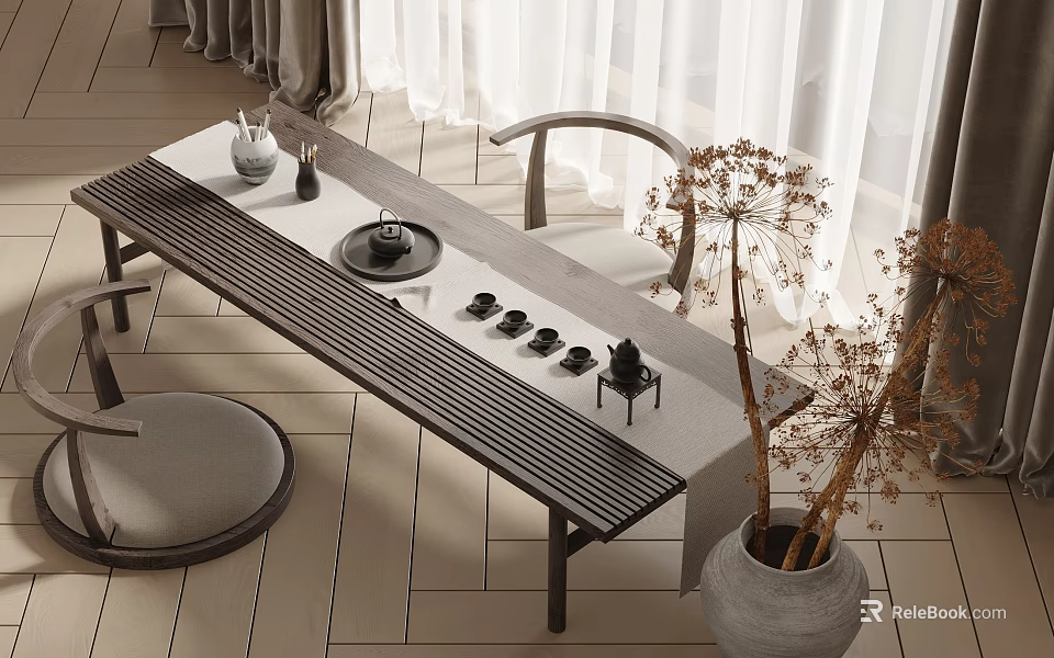 Long Minimalist Tea Table And Chairs With Wooden Design And Tea Set In Natural Light 3d model 