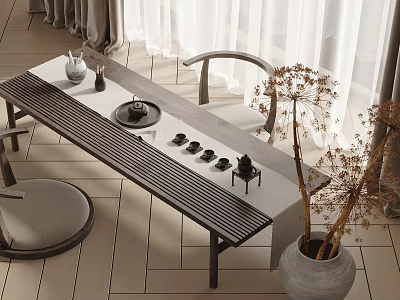 Long Minimalist Tea Table And Chairs With Wooden Design And Tea Set In Natural Light 3d model