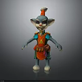 Blue Skinned Fantasy Creature with Big Ears Red Hat and Red Gold Outfit Standing