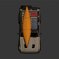Beige Off Road Vehicle with Orange Kayak Blue Storage and Red Gear on Roof Rack