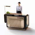 Modern Reception Desk With Vertical Stripe Panel Black Countertop Golden Frame And Green Plants