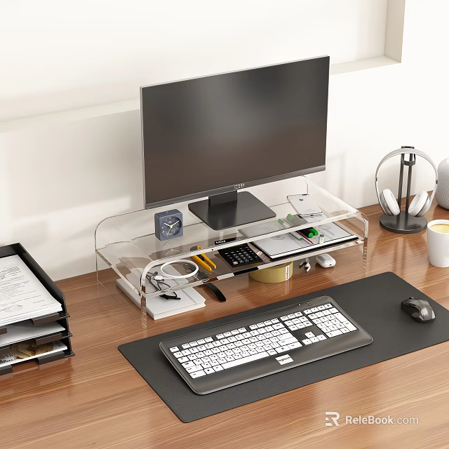 Modern Computer Workspace With Monitor Acrylic Stand Keyboard Mouse Headphone Stand And Coffee Cup 3d model 