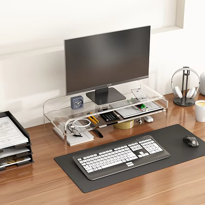 Modern Computer Workspace With Monitor Acrylic Stand Keyboard Mouse Headphone Stand And Coffee Cup 3d model