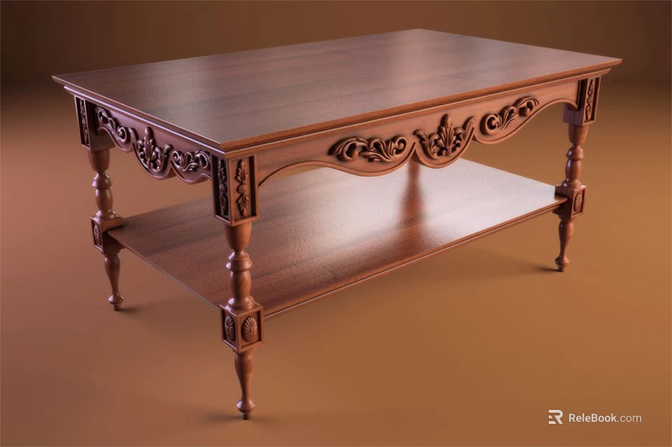 Traditional Wooden Coffee Table With Ornate Carvings Lower Shelf And Carved Legs 3d model 