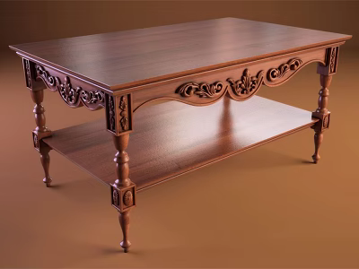Traditional Wooden Coffee Table With Ornate Carvings Lower Shelf And Carved Legs 3d model