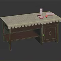 Wooden Table With White Scalloped Edge Tablecloth Decorative Items And Lower Shelf Cabinet
