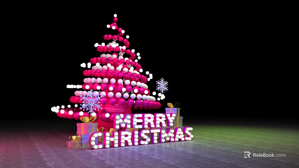 Christmas Tree Decorated With Pink White Balls Merry Christmas Sign Gift Boxes And Snowflakes 3d model 