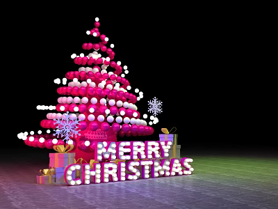 Christmas Tree Decorated With Pink White Balls Merry Christmas Sign Gift Boxes And Snowflakes 3d model