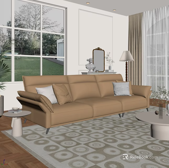 Brown Leather Three Seater Sofa With Cushions Coffee Table And Window Grass View 3d model
