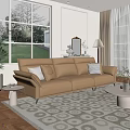 Brown Leather Three Seater Sofa With Cushions Coffee Table And Window Grass View 3d model