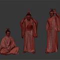 Three Men in Traditional Historical Costumes with Various Poses and Ornate Details