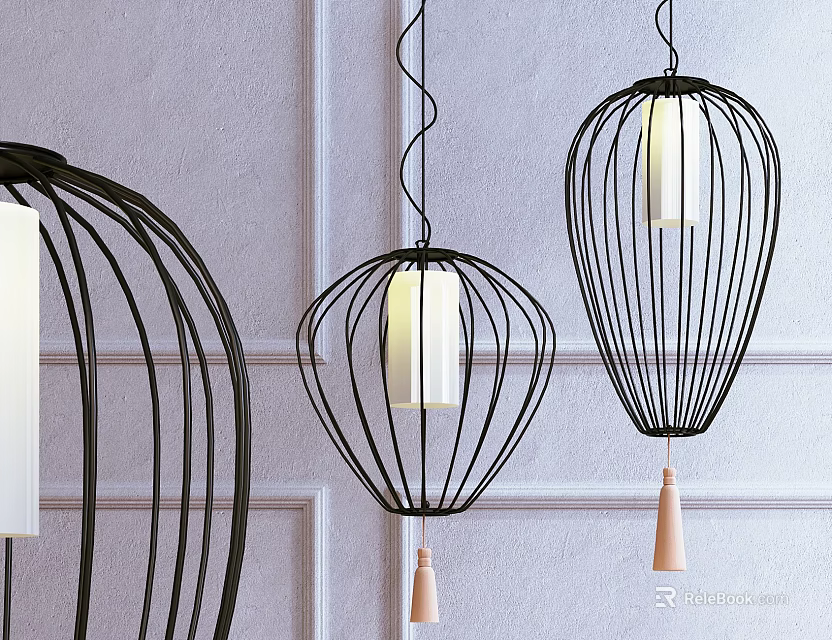 Black Metal Cage Design Pendant Lights With White Shades And Wooden Tassels On Light Wall 3d model 