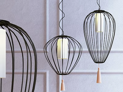 Black Metal Cage Design Pendant Lights With White Shades And Wooden Tassels On Light Wall 3d model