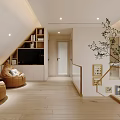 Cozy Attic Space With Brown Round Sofas Bookshelves TV And Green Plant