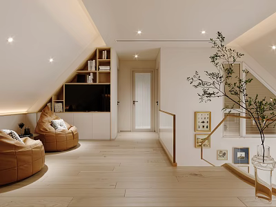 Cozy Attic Space With Brown Round Sofas Bookshelves TV And Green Plant 3d model