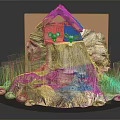 Cartoon Scene Featuring Tree Stump Base With Small House Two Little Mice and Mushrooms