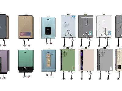 Various Modern Wall Mounted Water Heaters As Household Appliances With Different Colors 3d model