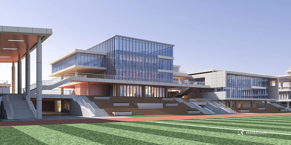 Modern School Building Design With Glass Facade And Sports Field 3d model 