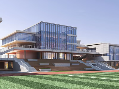 Modern School Building Design With Glass Facade And Sports Field 3d model