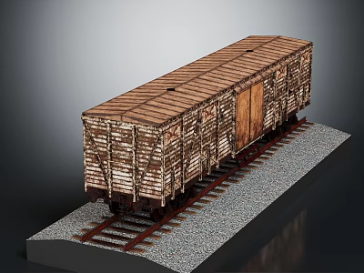 Wooden Train Car Model On Railway Track With Gravel Base And Brown Structure 3d model
