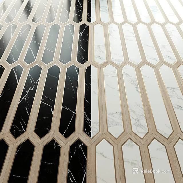 Hexagonal Decorative Components With Black White Marble Panels And Wooden Frames 3d model
