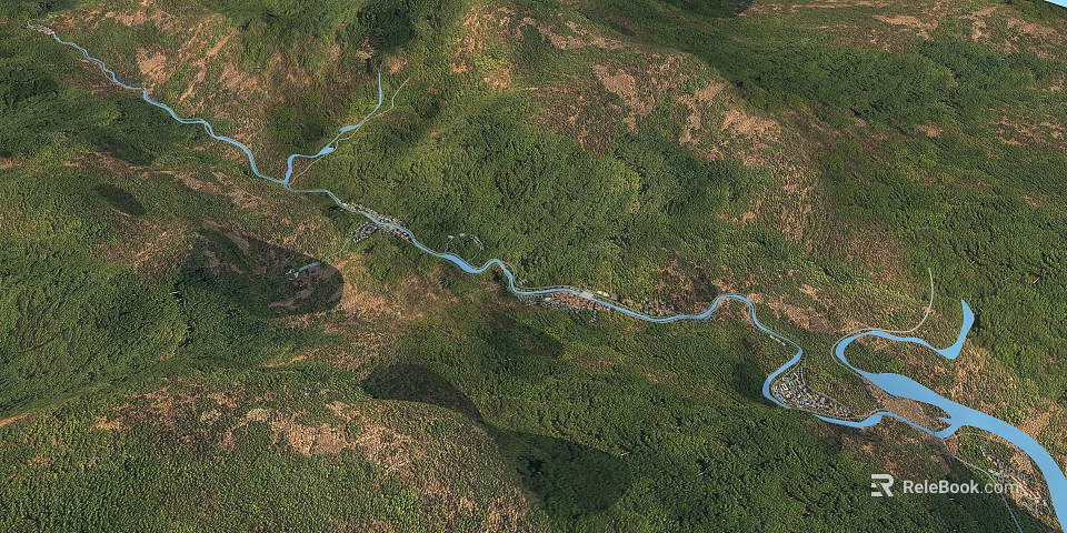 Aerial Planning View of Winding River Through Green Mountains Forest and Villages 3d model 