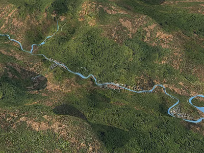 Aerial Planning View of Winding River Through Green Mountains Forest and Villages 3d model