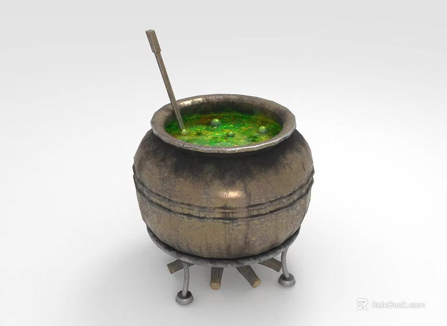 Daily Use Metal Pot with Legs Containing Green Liquid and Stirring Stick 3d model 