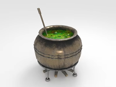 Daily Use Metal Pot with Legs Containing Green Liquid and Stirring Stick 3d model