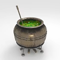 Daily Use Metal Pot with Legs Containing Green Liquid and Stirring Stick